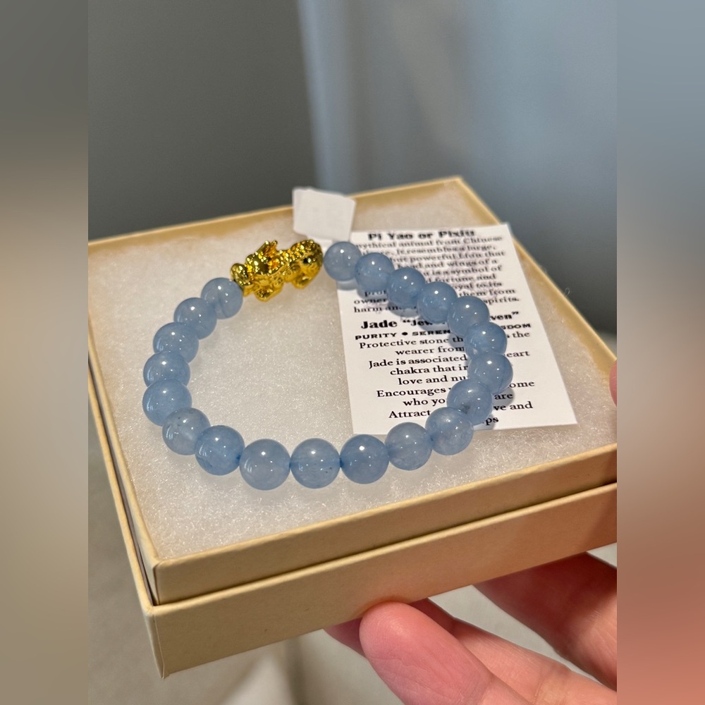 24K Gold Plated Baby Blue Jade Piyao Good Luck Bracelet